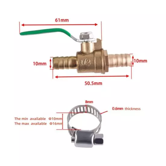 3/8“ Hose Barb Mini Ball Valve Pipe Tubing Fitting Brass Shut Off Valve Clamps