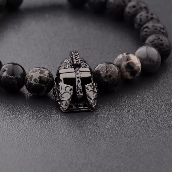 Charm Men Spartan Helmet Warrior Bracelet Natural Lava Stone Ajustable Bracelets