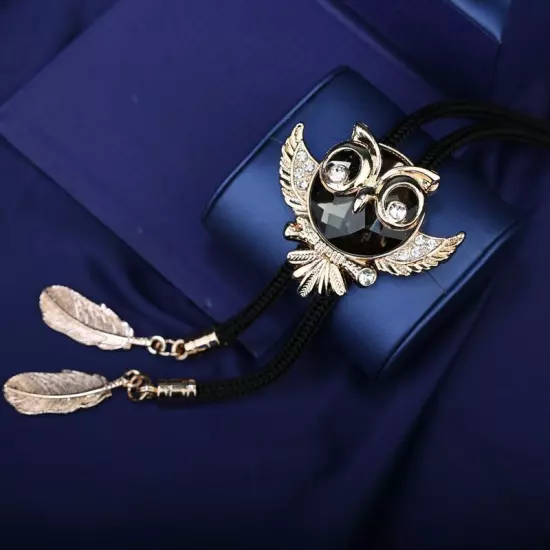 Men BOLO Tie Vintage Rhinestone Owl Pendant Wedding Necklace Shirt WesternCowboy