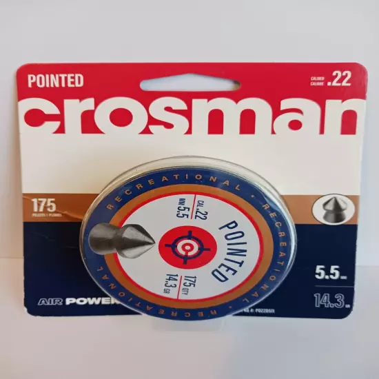 Crosman Air Power .22 Cal 5.5mm Pointed Lead Pellets 175 PK 14.3 GR Recreational