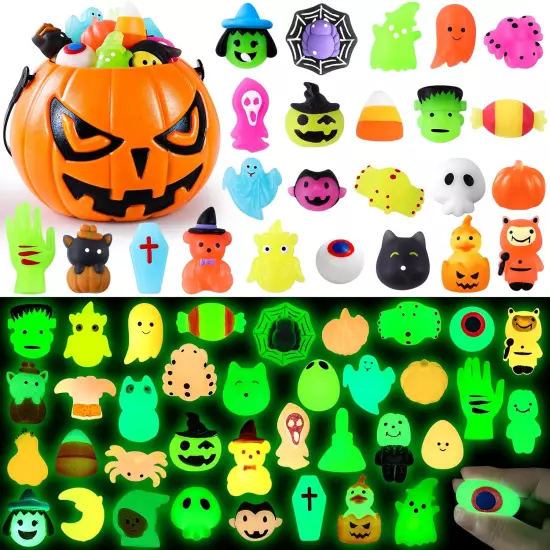 36 PCS Halloween Mochi Squishy Toys with Pumpkin Bucket, Kawaii Squishies Mini S