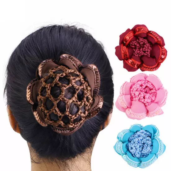 Sequin Crochet Hair Net Ballet Dance Skating Snoods Elastic Tie Bun Cover AU