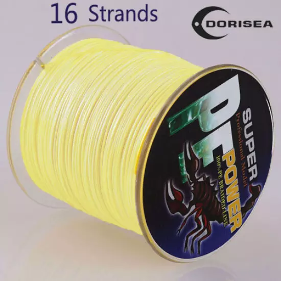 16 Strand 100m-2000m Yellow Hollow PE Dyneema Braided Fishing Line 9.1kg-136kg