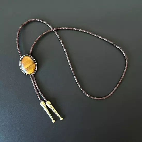 Natural Tiger's Eye Stone Bolo Tie Western Cowboy Alloy PU Rope Wedding Necklace