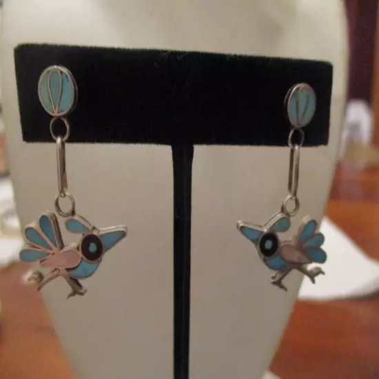 Southwestern Sterling silver turquoise, mop inlay roadrunner dangle earrings