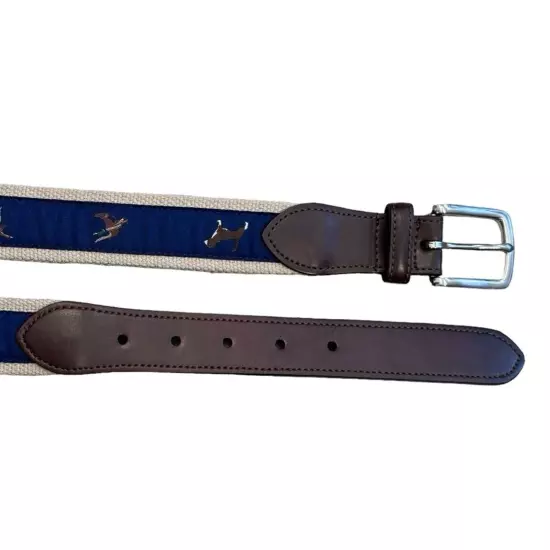 Hunting Sportsman Dog, Pheasant, Ducks Navy Blue on Khaki Ribbon Belt L/38/40