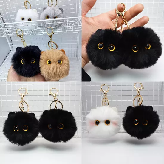 1Pc Fashion Ornaments Plush Keychain Schoolbag Pendant Cat Ball Black Cute