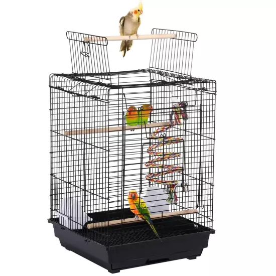 22.8"H Metal Open Top Cage Bird Cage with Play Top Stand, Black