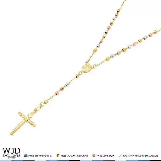 Solid 14k Yellow Gold Tri-Tone 3mm Beaded Rosary Cross Diamond Cut Necklace 18"