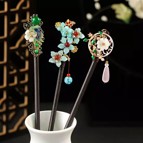 Womens Wooden Hair Stick Pins Chopstick Handmade Flower Hairpins Chinese Style