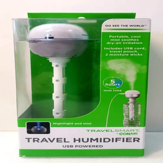 Travel Smart Conair Humidifier USB Powered 5 hr Nightlight & Mist W/Travel Pouch