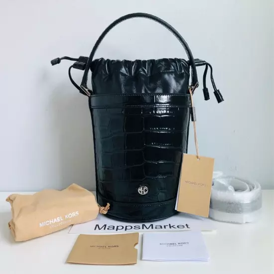 MICHAEL KORS COLLECTION Audrey Medium Croc Embossed Leather Bucket Bag in Black