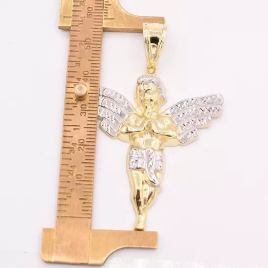 Praying Angel Charm Pendant Diamond Cut Real 10K Yellow White Two-Tone Gold