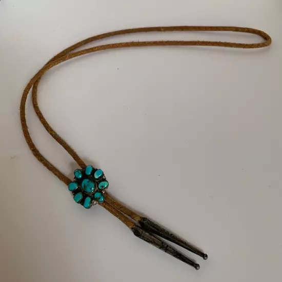 Vintage Native American Sterling Silver & Turquoise 1.25” Round Cluster Bolo Tie