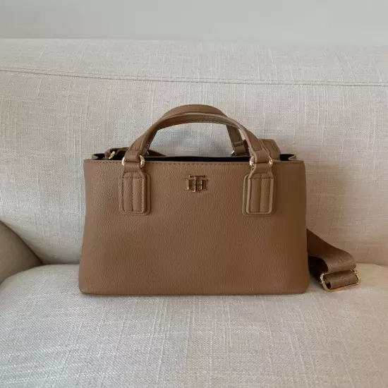 Tommy Hilfiger Classic Tote Crossbody Bag TH Handbag Small Taupe Brown NEW $108