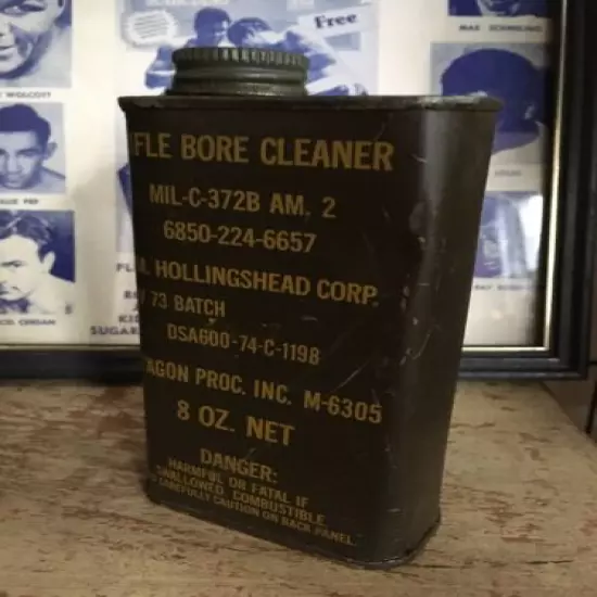 Vintage Rifle Bore Cleaning Oil Hollingshead 1973 US Army Military Tin Can Gun