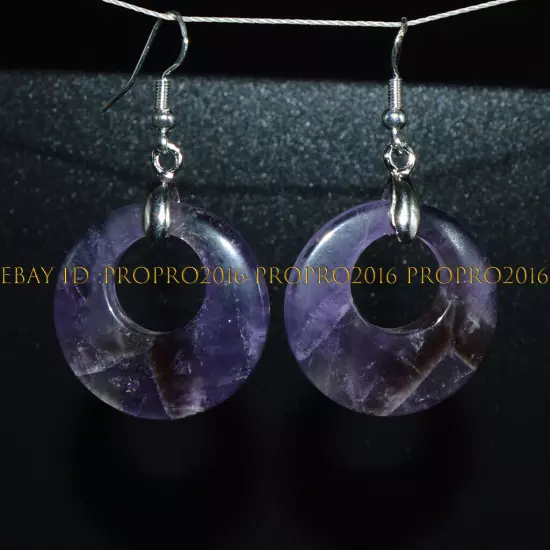 Natural Purple Amethyst 28mm Hollow Round Ring Dangle Silver Hook Earrings PE307