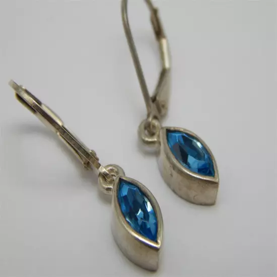 STERLING SILVER BEZEL SET MARQUIS BLUE CZ DANGLE LEVER BACK EARRINGS