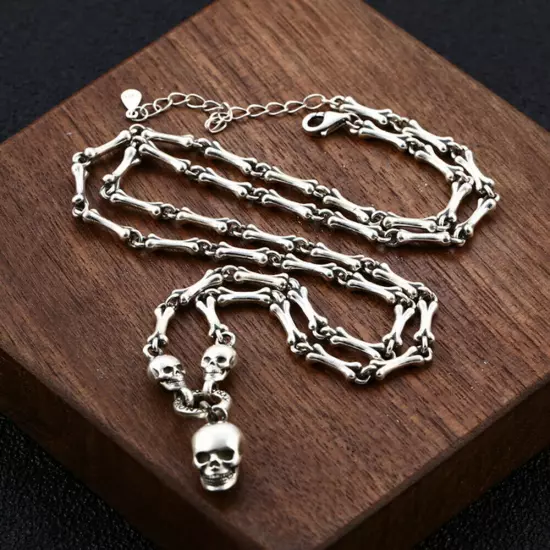 Authentic Solid S925 Sterling Silver Skull Bone Joining Necklace Pendant Chain