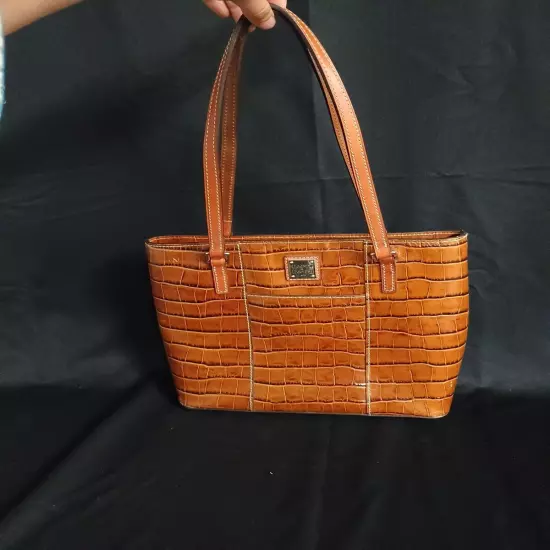 Dooney & Bourke Croc Embossed Leather Tote Large Shoulder Bag Cognac Brown Purse