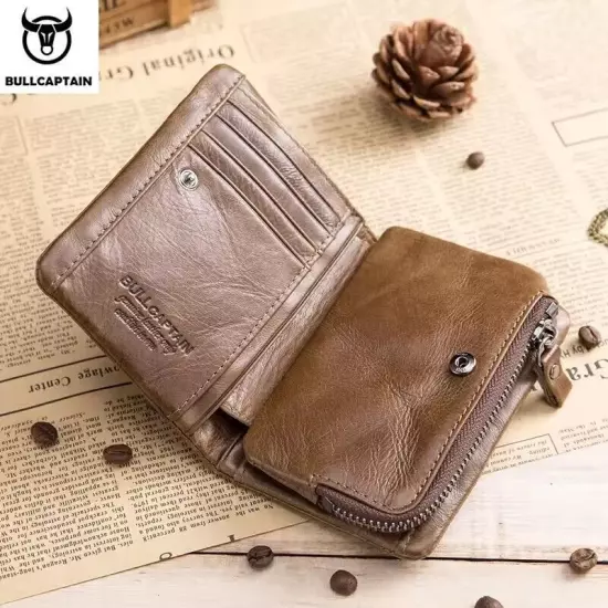 BULLCAPTAIN Retro Genuine Leather RFID Mens Wallet Card ID Holder Zipper Purse