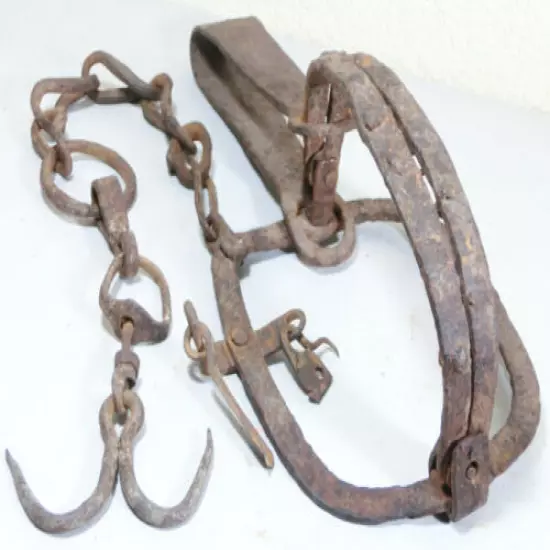 18thC Antique Hand Forged Iron Animal Trap Wrought Jaws and Chain w/ Double Hook