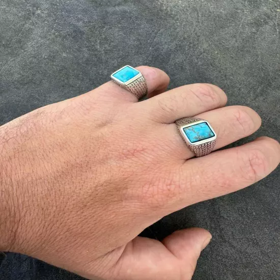 Blue Turquoise Mens Real Solid 925 Silver Navajo Native American Inspired Ring