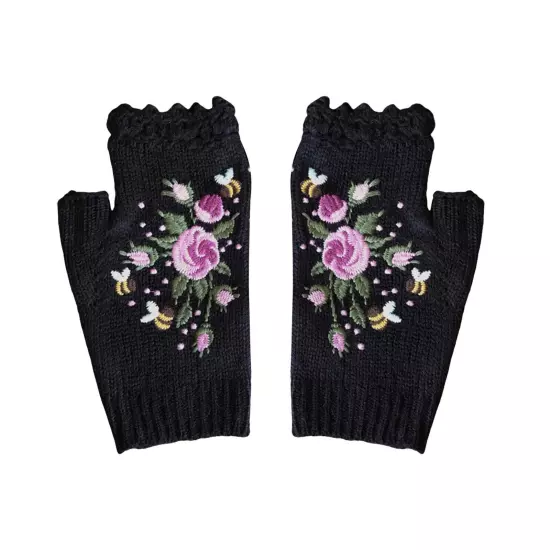 Women Handmade Embroidery Gloves Knit Gloves Flower Gloves Hand Knit Fingerless