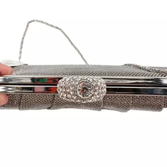 Jessica McClintock Sparkle Ring Clutch Chain Bow Evening Purse Champagne Silver