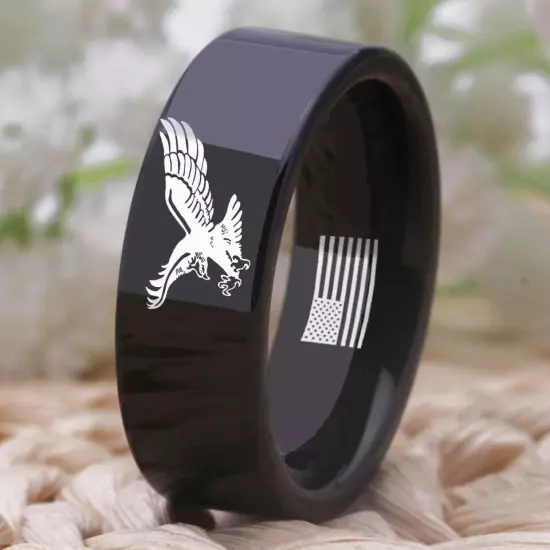 8MM Men Women Tungsten Carbide Ring Eagle with American Flag Comfort Fit Ring