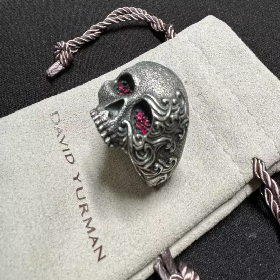 Men's David Yurman 925 Stirling Silver Waves Ruby Eyes Skull Ring Size 10