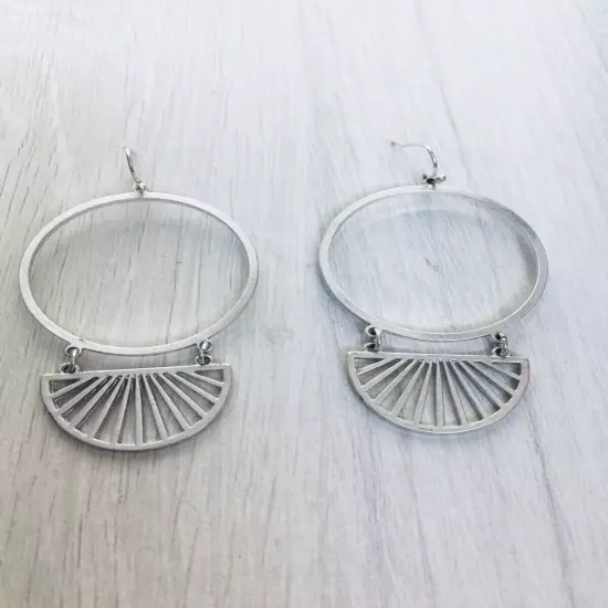 Art Deco Large Hoop Earrings For Women Silver Tone Dangle Drop