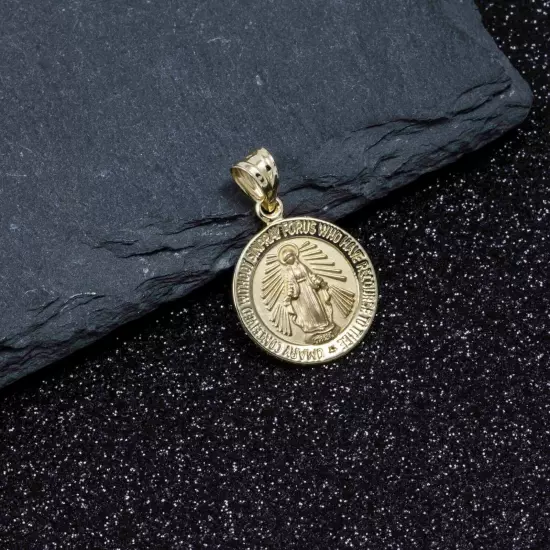 1" Round Textured Miraculous Mary Pendant Real 10K Yellow Gold