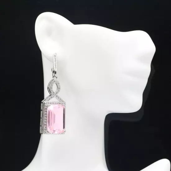 Romantic Created Rectangle Pink Kunzite White CZ Daily Wear Silver Earrings