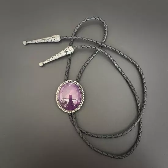 Natural Amethyst Stone Men Bolo Tie Vintage Alloy PU Rope Wedding Party Necklace