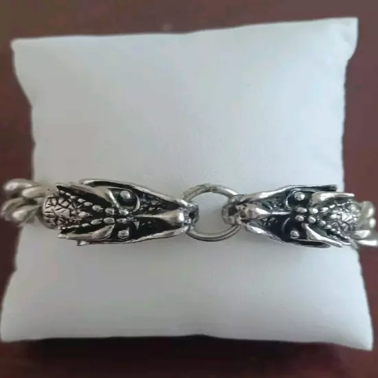 Mens Silver Tone Dueling Dragons Heavy Link Bracelet 8.5" Toggle Gooseneck Clasp