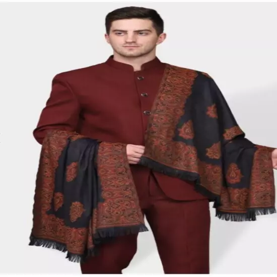 Pashmina Silk Men's Black Paisley Design Shawls Kashmiri Aari Embroider Stoles