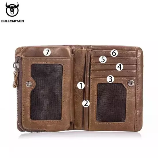 BULLCAPTAIN Retro Genuine Leather RFID Mens Wallet Card ID Holder Zipper Purse