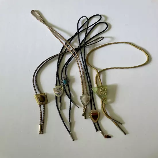 VINTAGE Bolo Tie Lot of 7 Leather Cord Arrowhead Turquoise Tigers Eye Chief