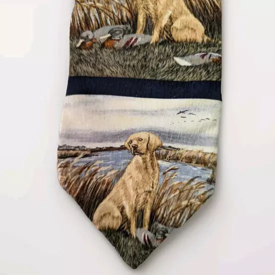 Mens Vtg Silk Tie Dogs Yellow Lab Mallard Labrador Decoy Endangered Cundiff