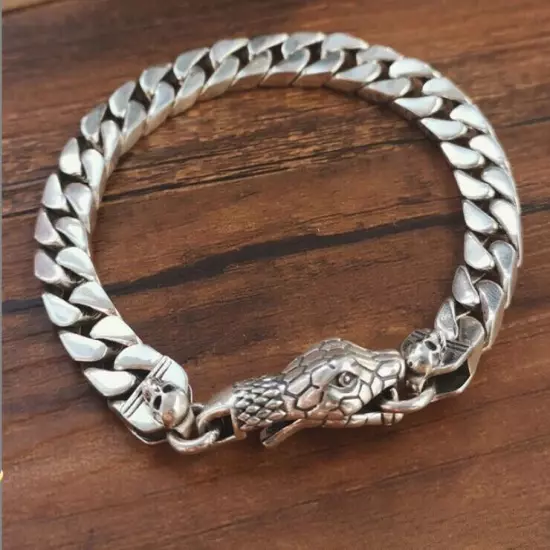 Pure silver 925 Vintage handmade skull snake head Bracelet