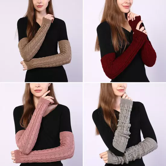 Women Long Half Finger Fingerless Gloves Arm Hand Warmer Knitted Mittens Winter