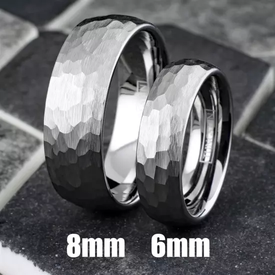 Silver Tungsten Carbide Hammered Brushed Finish Men's Wedding Band Ring