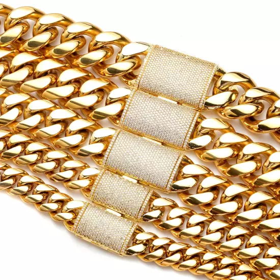 12mm-22mm Hip Hop Miami Cuban Link Chain Real Gold Plated Full 5A Zircon Jewelry