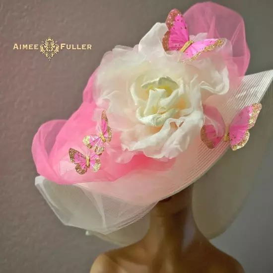 Kentucky Derby Hat Black White Organza Pale Pink Rose Flower Royal Ascot Del Mar