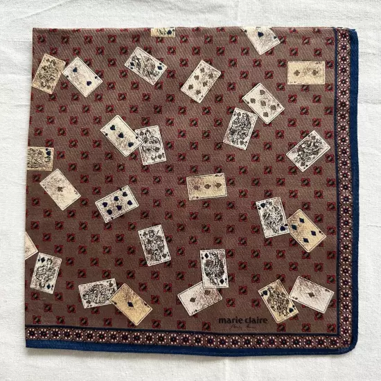 Handkerchief Vintage Brown Cotton Card Game & Geometric Red Pattern Hankie 18"