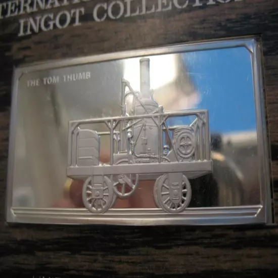 2 .OZ SILVER INGOT- BAR LOCOMOTIVE- TRAIN 1830 TOM THUMB FRANKLIN MINT+GOLD"