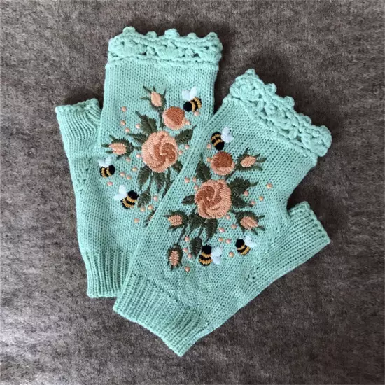 Women Handmade Embroidery Gloves Knit Gloves Flower Gloves Hand Knit Fingerless