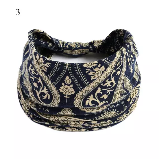 Women Boho Flower Print Wide Headband Vintage Knot Elastic Turban Headwrap *