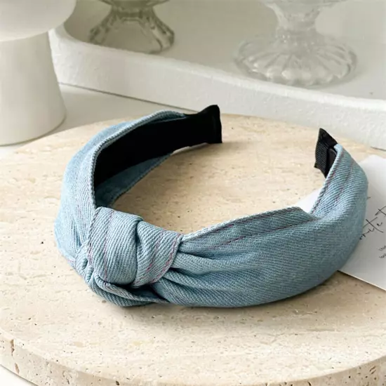 Women Girl Retro Denim Hair Band Cross Twisted Wide Headband Head Hoop Headwear